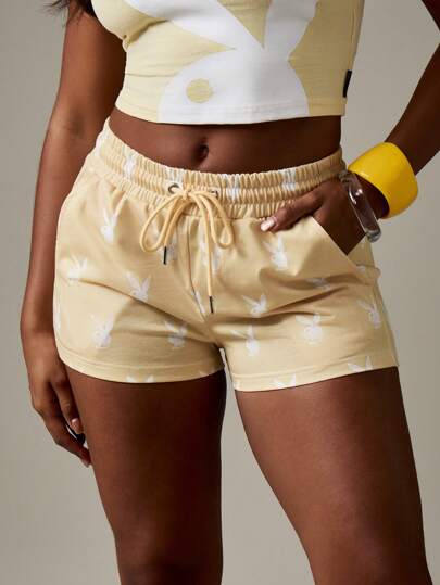 Missguided x Playboy Bunny Print Drawstring Jogger Shorts For Women Retro Summer Loungewear Casual Lounge Bottoms Fashion Festival Streetwear Aesthetic
