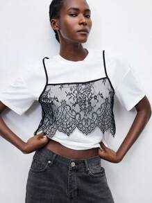 Maija 2025 年夏季新款黑色蕾丝吊带背心，合身无袖上衣，百搭可拆卸肩带，黑白撞色，时尚休闲都市优雅浪漫商务休闲办公室派对海滩音乐节婚礼宾客早午餐街头装机场返校秋季时尚 Y2K - 黑與白 - 查看 6