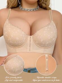 SHEIN Sujetador sin aros sin forro, de talla grande, romántico y sexy, con encaje y parches, con abertura frontal, que brinda soporte y elevación, ajustable para uso diario - Albaricoque - Ver 1