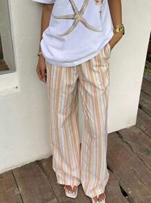 SHEIN EZwear Women's Cotton Linen Casual Striped Wide-Leg Pants For Vacation,Summer / Fall Outfits - Multicolor - View 1