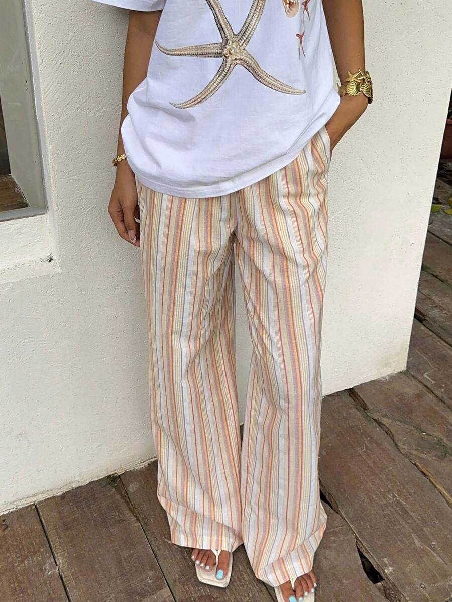 SHEIN EZwear Women's Cotton Linen Casual Striped Wide-Leg Pants For Vacation,Summer / Fall Outfits - Multicolor - View 1
