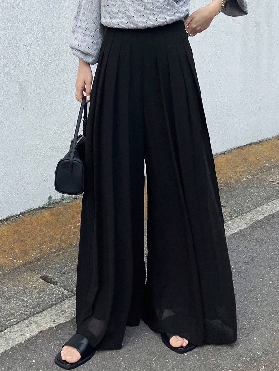 FRIFUL 女士纯黑色褶皱休闲直筒裤，百搭商务休闲装 - 黑色 - 查看 1