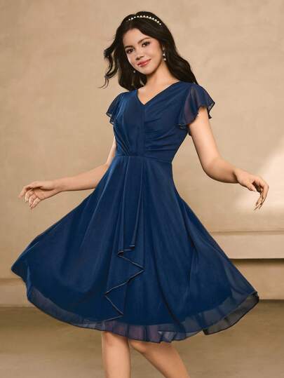 Elegant Minimalist Fashion V-Neck Cap Sleeve High Waist Short Asymmetrical Hem Flowy Ethereal Graceful Navy Blue Skater Dress, Suitable For Teens, Graduation, Party
