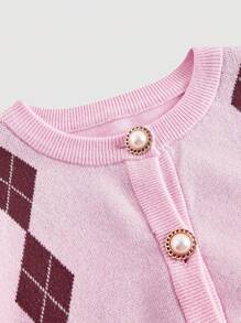 SHEIN MOD Cárdigan de manga larga de punto rombico rosa casual de un solo botonadura para mujer en otoño/invierno - Rosa - Ver 3