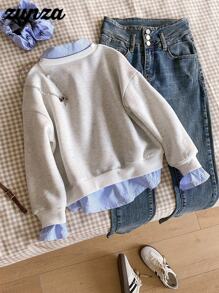 青少年女孩休闲运动衫，百搭校园/通勤风格，2 合 1 衬衫领运动衫，数字和字母，豹纹，宽松版型