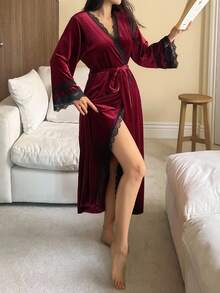 DAZY Badrock i sammet och spets, dambadrock, höstpyjamas, alla hjärtans dag-vinter - Bourgogne - Visa 4