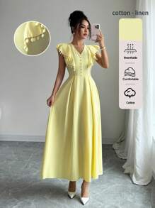 Modelyn Vestido de mujer con cuello en V estilo francés y mangas con volantes - Amarillo claro - Ver 1
