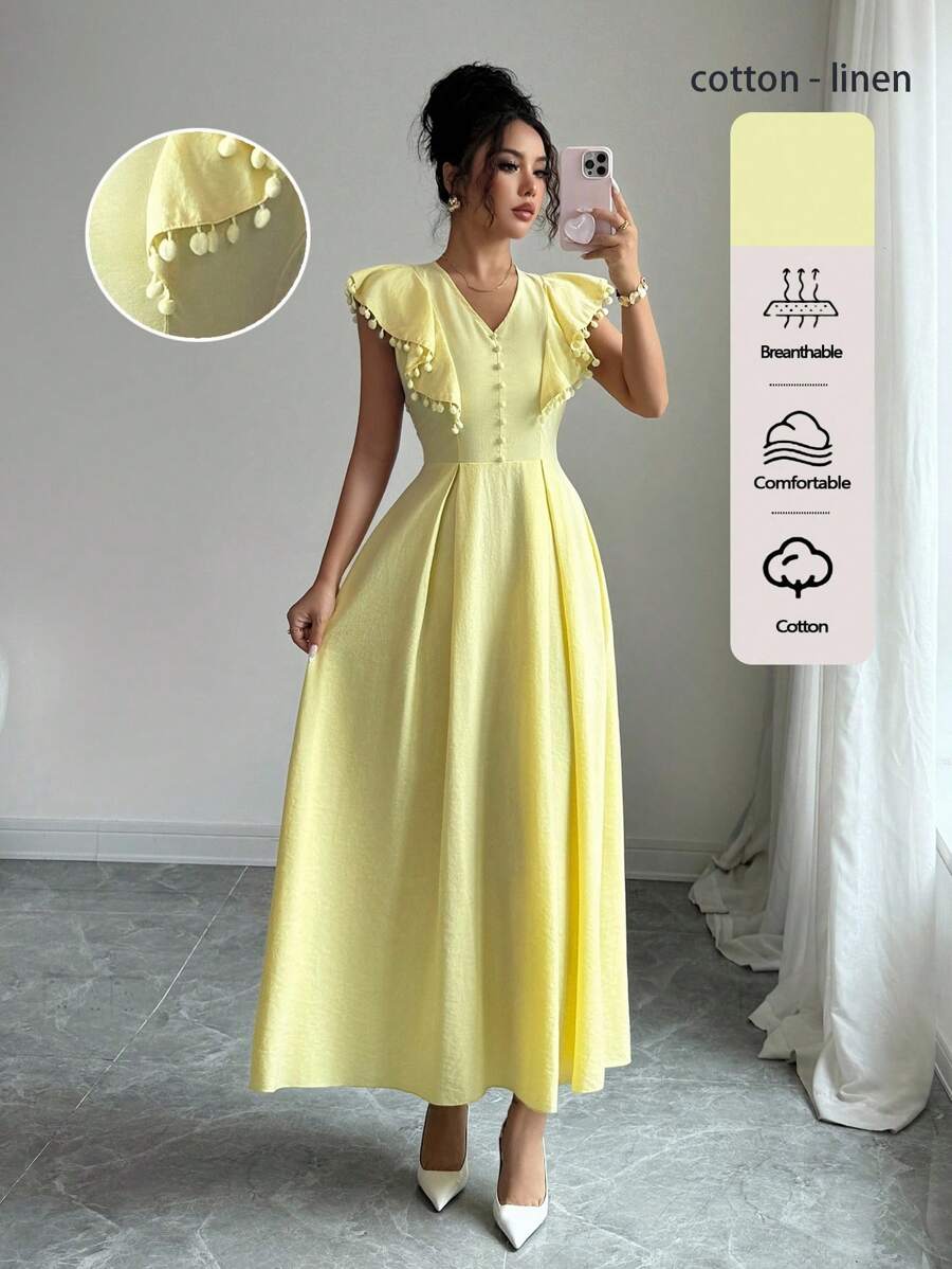 Modelyn Vestido de mujer con cuello en V estilo francés y mangas con volantes - Amarillo claro - Ver 1