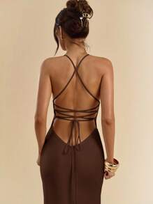 SHEIN BAE 长款缎面 V 领露背系带连衣裙，杏色/白色，优雅度假连衣裙，伴娘礼服，生日派对礼服，毕业礼服，春夏季 - 咖啡棕 - 查看 7