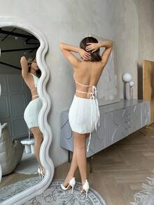 Jemour 白色鉤針比基尼露背針織迷你連衣裙套裝，性感時尚沙灘女裝，波西米亞風格，夏季女士連衣裙 - 白色 - 查看 2