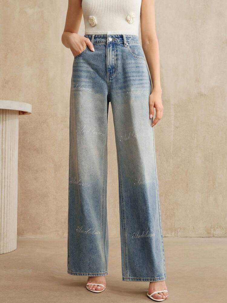 Women's Casual Washed Blue Straight Leg Jeans