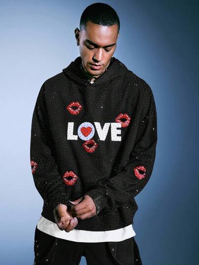 Betty Boop | ROMWE Sudadera con capucha de manga larga con gráfico de letras y rhinestones para hombre