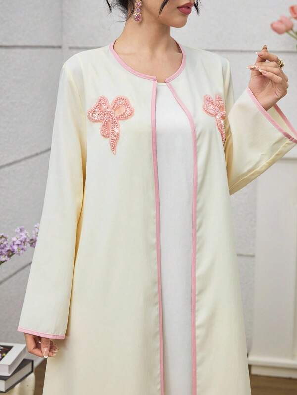 Yasmyna Apricot Bow Decor Contrast Trim Long Sleeve Jacket, For Summer
