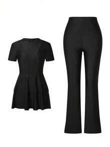 Swim Mulvari 全新夏季女式圆领短袖收腰双下摆连衣裙 + 直筒裤黑色休闲度假两件套 - 黑色 - 查看 8