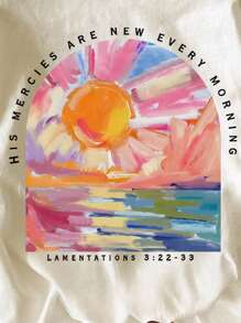 INAWLY Áo thun cổ tròn tay ngắn in tranh sơn dầu khẩu hiệu mùa hè dành cho nữ - Màu be - Xem 5