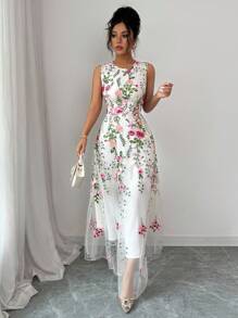 Elenzga Đầm Maxi Không Tay Cinched Eo Thêu Hoa Lưới Cho Nữ - Nhiều màu - Xem 6