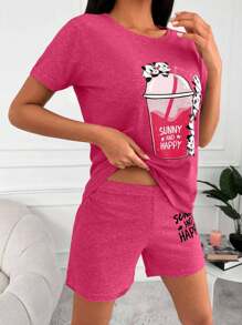 EURMUSE Conjunto de pijama de algodón con gráficos de dibujos animados y lemas - Rosa Fucsia - Ver 4