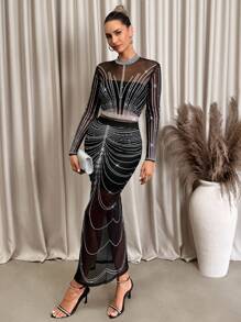 Lavishia 2pcs/Set Women Sexy Beaded Print Mesh Knit Bodycon Set - Multicolor - View 4