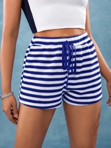 Hanevo Summer New Fashionable Urban Casual Vacation Knitted Jacquard Striped Drawstring Women Shorts