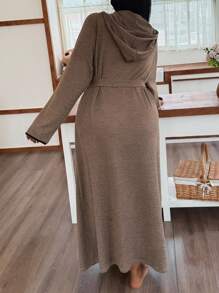 SHEIN 柔软针织连帽家居服，大码休闲浴袍，睡衣舒适优雅，适合秋冬季节穿着。 - 咖啡棕 - 查看 2