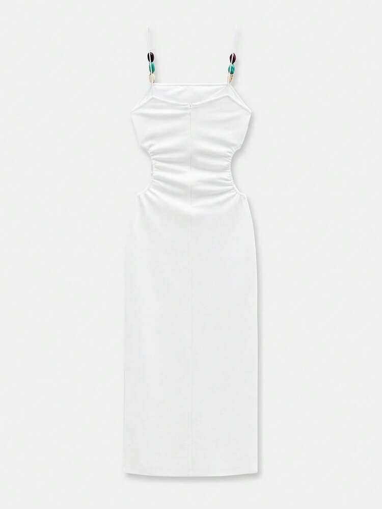 SHEIN Maija 2025 Mother's Day Music Festival Beaded Hollow Out Spaghetti Strap Maxi High Slit Dress For Women, White, Suitable For Spring/Summer Birthday Party White Dresses For Women