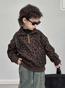 Dazy Kids Toddler Boys' Loose Fit Leopard Print Collar Sweatshirt, Casual Autumn