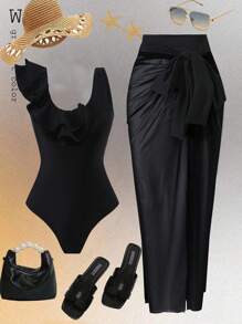 Swim Oasis Conjunto de traje de baño de 2 piezas con parte superior y falda volada de capa doble de malla, en unicolor, de alta para primavera y verano