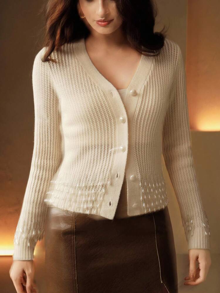 Women's Solid Color V-Neck Button-Front Long Sleeve Hollow-Out Hand-Beaded Knit Top