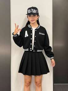 SHEIN Teens Girls Casual Letter Print Crop Baseball Jacket & A-Line Skirt 2-Piece Set, Comfortable & Simple - Black - View 9