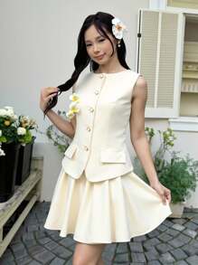 SHEIN 少女休闲简约舒适拉链上衣和百褶迷你裙套装