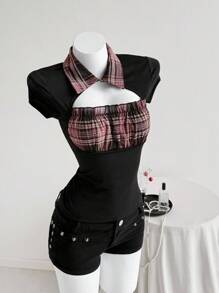 Elamini 女士休闲复古格子拼布衬衫领短袖T恤