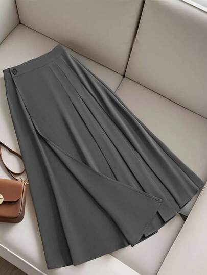 Modelyn Plus Size Casual Solid Color Pleated A-Line Skirt