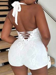 Bộ đồ liền thân bó sát có dây buộc cổ yếm cho nữ dùng cho trang phục dự tiệc ngày lễ - trắng - Xem 3