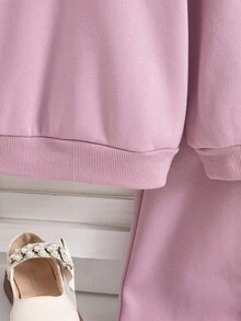 年轻女孩秋季休闲可爱撞色希菲彼得潘领运动衫和松紧腰宽松阔腿裤套装 - 粉色 - 查看 5