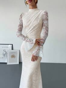 Firerie 女士优雅简约精致浪漫迷人婚礼/派对/度假蕾丝透明褶皱喇叭袖修身高腰白色美人鱼连衣裙，春夏 - 白色 - 查看 5