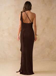 SHEIN BAE 纯色不对称荷叶边露背长款网眼荷叶边下摆女士优雅连衣裙，海滩度假连衣裙，春夏 - 咖啡棕 - 查看 2