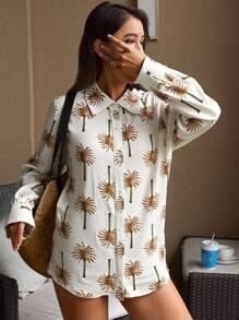 DAZY 女士印花宽松翻领沙滩度假休闲衬衫，秋季长袖上衣 - 棕色 - 查看 4