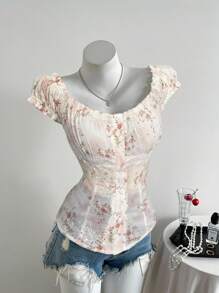 SHEIN Unity Áo cánh tay ngắn ôm vừa vặn cổ vuông thêu ren hoa sequin thiết kế cổ điển kiểu Pháp cho mùa hè - Nhiều màu - Xem 4