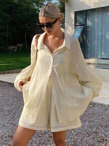 Livesso 女士亚麻休闲两件套，新款秋季系列女士家居服套装 - 黃色 - 查看 6