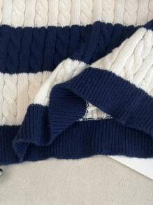 SHEIN Tween Girls' Stripe Contrast Color Twist Rope V-Neck Lantern Sleeve Loose Fit Pullover Sweater, Suitable For Autumn/Winter And Outdoor Wear Fall - Navy Blue - View 9