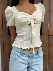 Sunnyshic 女士休闲衬衫，褶皱面料，褶皱设计，正面系蝴蝶结 - 杏色 - 查看 1