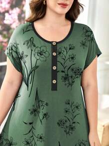 SHEIN Lacomfia Plus Size Summer Casual Floral Print Dress - Green - View 5