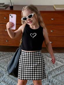 SHEIN 年輕女孩心形印花背心&格紋裙子