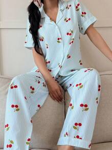 SHEIN Comfortable Women's Cherry Patterned Pajama Set With Regular Fit And Relaxed Style Cherry Pajama Set - Baby Blue - View 4
