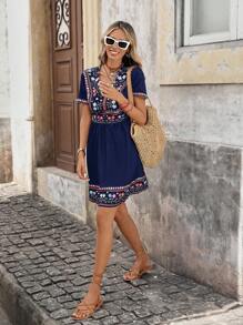 Brillora Đầm dự tiệc mùa hè cổ chữ V in họa tiết Mexico cho nữ - Màu xanh hải quân - Xem 5