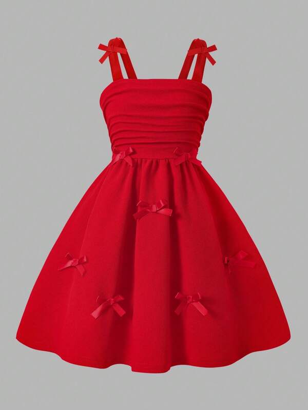 Young Girls' Elegant Solid Color 3D Ribbon Decor Ruffle Shoulder Strap Midi Dress, Suitable For , Party, Back To School Season, Spring/Summer