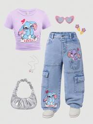 Young Girls' One Piece Denim Pants With Pockets And Rabbit Print, Casual Straight Leg Cargo Pants, Fashion Streetwear For School, Daily Wear. Featuring Cute Rabbit Print In Blue & Purple, Multiple Pockets Design, Relaxed Fit Washed Light Blue Denim. Elastic Waistband For Comfort, Suitable For Daily Outing, Vacation, Campus Life, Hangout With Friends.