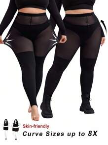 SHEIN CURVE+ Curve 大码/秋装/秋季女装/女冬装/冬装女士大码、连体丝袜、黑色大码打底裤、防滑高腿打底裤、黑色网眼贴片打底裤，适合日常休闲穿着，简约时尚，春夏装女秋装，冬季，CURVE PLUS - 黑色 - 查看 1