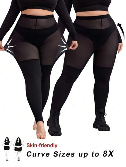 SHEIN CURVE+ Curve Plus Size/Autumn Clothes /Fall Women Clothes/Winter Clothes For Women/Winter ClothesWomen's Plus Size, One-Piece Stockings, Black Plus Size Leggings, Anti Slip High Leg Leggings, Black Mesh Patch Leggings For Casual Daily Wear, Simple And Fashionable, Spring And Summer Clothingfall Clothes For Women,Winter,CURVE PLUS