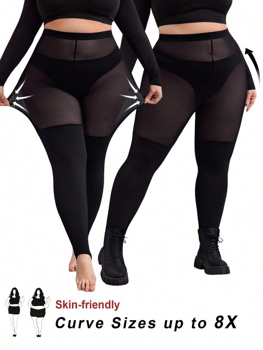 SHEIN CURVE+ Curve 大码/秋装/秋季女装/女冬装/冬装女士大码、连体丝袜、黑色大码打底裤、防滑高腿打底裤、黑色网眼贴片打底裤，适合日常休闲穿着，简约时尚，春夏装女秋装，冬季，CURVE PLUS - 黑色 - 查看 1